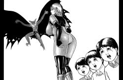 Rule 34 | 3boys, alternate costume, ass, blush, bodysuit, boots, breasts, collared shirt, commentary request, covered erect nipples, feet out of frame, greyscale, highres, imori (46296895), large breasts, looking back, monochrome, monster, multiple boys, open mouth, pillarboxed, retro artstyle, saigyouji yuyuko, shirt, short hair, simple background, sweater, torn bodysuit, torn clothes, touhou, upper body