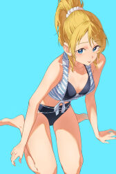 Rule 34 | 1girl, absurdres, ayase eli, bare arms, bare legs, barefoot, bikini, black bikini, blonde hair, blue background, blue eyes, breasts, cleavage, collarbone, commentary request, hair between eyes, hair ornament, hair scrunchie, high ponytail, highres, koiori, long hair, love live!, love live! school idol project, scrunchie, simple background, sitting, small breasts, solo, swimsuit, tongue, tongue out, wariza, white scrunchie