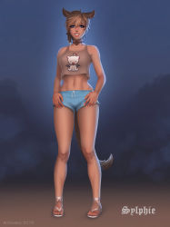 Rule 34 | 1girl, animal ears, warrior of light (ff14), blonde hair, blue eyes, braid, cat ears, cat tail, choker, commission, facial mark, final fantasy, final fantasy xiv, full body, hair between eyes, hands on own hips, highres, looking at viewer, max domikov, midriff, miqo&#039;te, sandals, short hair, short shorts, shorts, smile, solo, standing, tail, tank top, whisker markings