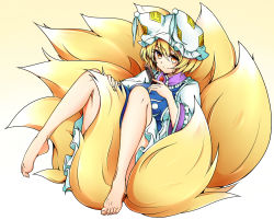 Rule 34 | 1girl, absurdres, animal hat, baba (baba seimaijo), baba (pixiv3422465), barefoot, blonde hair, comb, dress, fox tail, hat, hat with ears, highres, long sleeves, mob cap, multiple tails, mob cap, short hair, sitting, smile, solo, tail, tail chair, touhou, white dress, wide sleeves, yakumo ran, yellow eyes