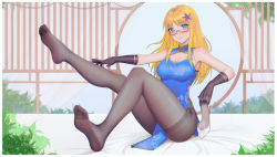 Rule 34 | 1girl, absurdres, armpits, bare shoulders, barefoot, black pantyhose, blonde hair, china dress, chinese clothes, clothes between thighs, dress, elbow gloves, feet, glasses, gloves, hair ornament, high heels, highres, holding, holding shoes, hood (warship girls r), leg up, long hair, looking at viewer, no shoes, pantyhose, qizhu, red-framed eyewear, shoes, unworn shoes, soles, thighs, toes, warship girls r