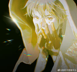 Rule 34 | 1boy, black background, bright pupils, cloak, fingernails, ghost406, hands on own face, highres, hood, hooded cloak, klein moretti, looking at viewer, lord of the mysteries, male focus, short hair, solo, weibo logo, yellow theme