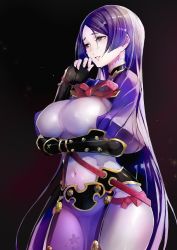 Rule 34 | 1girl, bodysuit, breasts, covered navel, fate/grand order, fate (series), fingerless gloves, gloves, highres, large breasts, long hair, low-tied long hair, minamoto no raikou (fate), parted bangs, parted lips, purple bodysuit, purple eyes, purple hair, solo, standing, taishi (picchiridou), very long hair