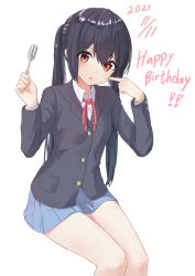 Rule 34 | 1girl, 2021, :o, absurdres, black hair, blazer, blue jacket, blue skirt, brown eyes, commentary request, english text, eyes visible through hair, finger to cheek, fork, hair between eyes, hands up, happy birthday, highres, holding, holding fork, jacket, k-on!, long hair, long sleeves, looking at viewer, mimi (mimi ganbaruzo), miniskirt, nakano azusa, open mouth, pocket, red ribbon, ribbon, sakuragaoka high school uniform, school uniform, shirt, simple background, sitting, skirt, solo, thighs, twintails, white background, white shirt