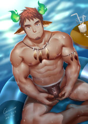 Rule 34 | 1boy, abs, animal ears, bara, bare pectorals, blush, brown hair, bulge, chrisanother, cow ears, crossed legs, facial hair, feather necklace, fiery horns, forked eyebrows, glowing horns, goatee, highres, horns, innertube, large pectorals, looking at viewer, male focus, muscular, navel, necklace, nipples, pectorals, short hair, sideburns, smile, solo, swim ring, thick eyebrows, thick thighs, thighs, tokyo houkago summoners, wakan tanka, water, wet