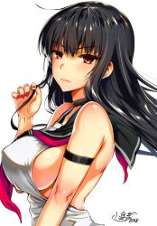 Rule 34 | 1girl, armband, bare shoulders, black choker, black hair, black sailor collar, blush, breasts, choker, closed mouth, dated, fingernails, from side, frown, hand up, kojima saya, large breasts, long hair, looking at viewer, looking to the side, original, red eyes, red sailor collar, sailor collar, school uniform, serafuku, shirt, sideboob, signature, simple background, solo, upper body, white background, white shirt