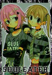 Rule 34 | 1girl, 1other, alternate costume, arm warmers, black arm warmers, black border, black choker, blonde hair, blush stickers, bone hair ornament, border, chain, chain necklace, choker, closed mouth, clothes writing, copyright name, cowboy shot, crona (soul eater), cross, cross necklace, diagonal-striped clothes, diagonal-striped necktie, ear piercing, grey eyes, grey shirt, hair ornament, hairclip, highres, jewelry, long sleeves, looking at viewer, maka albarn, medium hair, menma (enaic31), midriff, miniskirt, multiple rings, navel, necklace, necktie, piercing, pink hair, plaid, plaid skirt, print shirt, ring, shirt, short sleeves, signature, single blush sticker, skirt, skull necklace, skull ring, soul eater, standing, star (symbol), star hair ornament, striped clothes, striped shirt, twintails