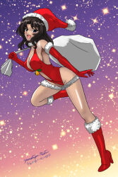 Rule 34 | 1girl, black eyes, black hair, breasts, christmas, cleavage, el (girls und panzer), full body, girls und panzer, gloves, hat, holding, holding sack, large breasts, looking at viewer, matsui yasutsugu, one-hour drawing challenge, red footwear, sack, santa costume, santa hat, santa leotard, signature, simple background, smile, solo, star (symbol), starry background