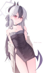 Rule 34 | 1girl, absurdres, black choker, black dress, black hair, blue archive, bright pupils, choker, collarbone, daidai (daidai826), dress, grey hair, grey halo, halo, highres, kayoko (blue archive), kayoko (dress) (blue archive), looking at viewer, mole, mole on neck, multicolored hair, official alternate costume, red eyes, simple background, single wing, thighs, twitter username, two-tone hair, white background, white pupils, wings