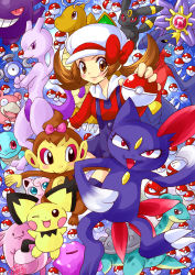 Rule 34 | 00s, 1girl, absurdres, alternate hairstyle, brown eyes, brown hair, chansey, chimchar, clothed pokemon, creatures (company), ditto, dragonite, electrode (pokemon), game freak, garchomp, gen 1 pokemon, gen 2 pokemon, gen 4 pokemon, gengar, hat, hat ribbon, highres, holding, holding poke ball, jigglypuff, lapras, legendary pokemon, lyra (pokemon), magnemite, mewtwo, nintendo, overalls, pichu, poke ball, poke ball (basic), pokemon, pokemon (creature), pokemon hgss, red ribbon, ribbon, shoko-tan, slowpoke, smile, sneasel, squirtle, starmie, thighhighs, twintails, umbreon, voltorb