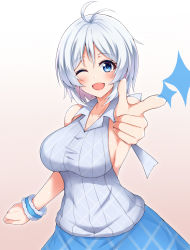 Rule 34 | .live, 1girl, ;d, antenna hair, backless outfit, bare shoulders, blue eyes, blue skirt, breasts, collared shirt, etan14, highres, index finger raised, large breasts, looking at viewer, one eye closed, open mouth, pointing, pointing at viewer, ribbed shirt, scrunchie, shirt, short hair, silver hair, dennou shoujo siro, skirt, sleeveless, sleeveless shirt, smile, solo, sparkle, virtual youtuber, wrist scrunchie