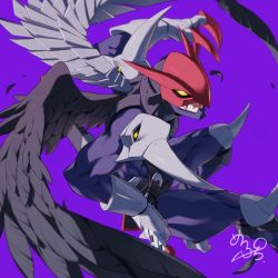 Rule 34 | 1boy, akeru, asymmetrical wings, belt, black belt, black wings, bodysuit, claws, closed mouth, cowboy shot, digimon, digimon (creature), falling feathers, fang, fang out, feathered wings, feathers, floating, gauntlets, helmet, highres, holding, holding sword, holding weapon, knee spikes, male focus, maplo, mask, mismatched wings, purple background, purple bodysuit, ravmon, sheath, sheathed, shoulder spikes, signature, simple background, solo, spikes, sword, tabi, weapon, weapon on back, wings, yellow eyes