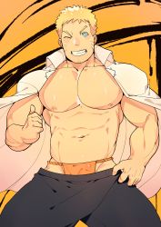 Rule 34 | 1boy, absurdres, alternate pectoral size, bara, bare pectorals, blush, boruto: naruto next generations, clothes pull, facial mark, feet out of frame, fundoshi, hakama, hakama pants, highres, jacket, jacket on shoulders, japanese clothes, large pectorals, looking at viewer, male focus, male underwear, muscular, muscular male, naruto (series), navel, nipples, aged up, one eye closed, orange male underwear, paid reward available, pants, pants pull, pectorals, pulled by self, paid reward available, short hair, solo, stomach, thumbs up, underwear, uzumaki naruto, whisker markings, yuufreak