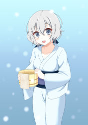 Rule 34 | 10s, 1girl, :d, basin, blue eyes, collarbone, commentary request, hair between eyes, head tilt, holding, japanese clothes, kimono, konno junko, looking at viewer, open mouth, short hair, silver hair, smile, solo, takahiko, white kimono, zombie land saga