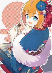 Rule 34 | 1girl, absurdres, blue eyes, blue kimono, commission, cushion, feather boa, flower, food, hair flower, hair ornament, hands up, highres, japanese clothes, kimono, long hair, long sleeves, looking at viewer, looking back, obi, official alternate costume, open mouth, orange hair, pecorine (new year) (princess connect!), pecorine (princess connect!), princess connect!, sash, sitting, skeb commission, smile, solo, takoyaki, tissuebox (artist), toothpick, yukata