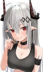 Rule 34 | 1girl, ^^^, arknights, arm strap, black choker, blush, breasts, choker, cleavage, collarbone, earrings, food, food on face, grey hair, hair between eyes, hair ornament, highres, holding, holding food, horn/wood, horns, infection monitor (arknights), jewelry, large breasts, long hair, looking at viewer, mudrock (arknights), orirock (arknights), parted lips, pointy ears, red eyes, smile, solo, sports bra, upper body, very long hair