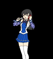 Rule 34 | 1girl, animated, animated gif, black hair, closed mouth, dancing, closed eyes, feet out of frame, female focus, happy, holding, holding microphone, long hair, lowres, microphone, music, open mouth, panties, pleated skirt, singing, skirt, solo, thighhighs, transparent background, underwear, xp-tan