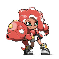 Rule 34 | 1girl, aqua eyes, bare shoulders, bike shorts, black shorts, blacknirrow, commentary, creatures (company), drill hair, english commentary, eyebrow cut, full body, game freak, gen 2 pokemon, holding, holding pokemon, legs apart, long hair, multicolored footwear, nintendo, octillery, octoling, octoling girl, octoling player character, pigeon-toed, pokemon, pokemon (creature), red hair, shorts, simple background, smile, splatoon (series), split mouth, standing, suction cups, tentacle hair, white background