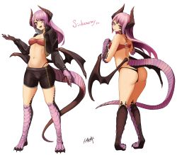 Rule 34 | 1girl, :d, animal hands, ass, bandeau, black jacket, black panties, black shorts, bra, breasts, claws, cleavage, cropped jacket, dragon girl, dragon horns, dragon tail, dragon wings, fewer digits, full body, hand up, highres, hitokuirou, horns, jacket, knees together feet apart, long hair, looking at viewer, low wings, monster girl, multiple views, navel, open clothes, open jacket, open mouth, original, panties, parted lips, pigeon-toed, purple hair, red bra, red eyes, scales, shorts, signature, simple background, smile, stomach, tail, thong, underwear, white background, wings