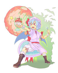Rule 34 | 1girl, bat (animal), bat wings, bloomers, blue hair, blush stickers, boots, bow, bow bloomers, brooch, brown footwear, commentary request, cross-laced footwear, dress, food, frilled sleeves, frills, fruit, full body, hat, hat ribbon, holding, holding spoon, ice cream, jewelry, mob cap, moon, open mouth, pink dress, puffy short sleeves, puffy sleeves, red bow, red eyes, red ribbon, remilia scarlet, ribbon, sash, short hair, short sleeves, sleeve bow, smile, socks, solo, spoon, strawberry, sundae, touhou, underwear, whipped cream, white socks, wings, wrist cuffs, yukiman