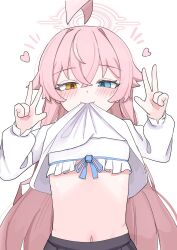 Rule 34 | 1girl, absurdres, ahoge, black skirt, blue archive, blue eyes, blush, bra, clothes in mouth, clothes lift, hair between eyes, halo, heart, heterochromia, high (hgih), highres, hoshino (blue archive), long hair, navel, pink hair, pink halo, pleated skirt, shirt, shirt lift, simple background, skirt, solo, underwear, v, very long hair, white background, white bra, white shirt, yellow eyes