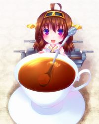 Rule 34 | 10s, 1girl, ahoge, bad id, bad pixiv id, brown hair, cup, detached sleeves, door to heaven, hairband, japanese clothes, kantai collection, kongou (kancolle), long hair, looking at viewer, machinery, mini person, minigirl, nontraditional miko, open mouth, purple eyes, solo, spoon, sugar cube, tea, teacup, turret, wide sleeves