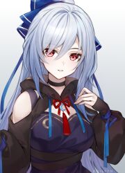 Rule 34 | 1girl, alternate costume, bare shoulders, black choker, blue dress, blue ribbon, breasts, choker, clothing cutout, commentary request, dress, earrings, gradient background, grey background, grey hair, hair ribbon, highres, hollyyn, honkai: star rail, honkai (series), hood, jewelry, jingliu (honkai: star rail), large breasts, long hair, long sleeves, looking at viewer, parted lips, pink eyes, ribbon, shoulder cutout, shrug (clothing), solo, upper body, very long hair