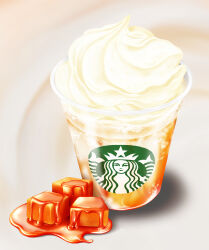 Rule 34 | absurdres, caramel, cup, disposable cup, drink, food, food focus, frappuccino, gyuunyuu oume, highres, no humans, original, product placement, starbucks, still life, whipped cream