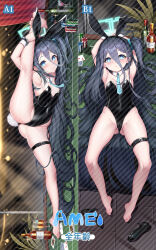 Rule 34 | 1girl, absurdly long hair, alcohol, alternate costume, animal ears, aris (blue archive), armpits, arms up, ass, bare shoulders, barefoot, black hair, black leotard, blue archive, blue eyes, blue necktie, bottle, casino, coin, collarbone, commentary request, cup, dakimakura (medium), detached collar, drinking glass, fake animal ears, fake tail, groin, hair between eyes, hairband, halo, highleg, highleg leotard, highres, holding leg, leg up, leotard, long hair, looking at viewer, lying, necktie, on back, on side, one side up, parted lips, playboy bunny, rabbit ears, rabbit tail, sidelocks, sleeveless, soles, strapless, strapless leotard, tail, thighlet, toes, very long hair, wine, wine bottle, wine glass, wrist cuffs, yutian alice