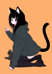 Rule 34 | 1girl, ahoge, animal ear fluff, animal ears, arm up, black cat, black eyes, black hair, black thighhighs, blunt bangs, blush, blush stickers, bright pupils, cat, cat ears, cat girl, cat tail, emphasis lines, expressionless, from side, full body, grey hoodie, highres, hood, hoodie, kneeling, looking at viewer, megateru, nose blush, orange background, original, oversized clothes, paw pose, solo, tail, thighhighs, white pupils