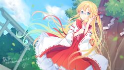 Rule 34 | 1girl, blonde hair, blue eyes, blue sky, closed mouth, cloud, cloudy sky, commentary request, commission, day, detached sleeves, glasses, hakama, hakama skirt, japanese clothes, kusumoto shizuru, long hair, long sleeves, original, outdoors, pointy ears, red hakama, red sailor collar, ribbon-trimmed sleeves, ribbon trim, rope, sailor collar, shide, shimenawa, shirt, signature, skeb commission, skirt, sky, sleeveless, sleeveless shirt, smile, solo, torii, translation request, very long hair, white shirt, white sleeves, wide sleeves