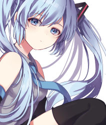 Rule 34 | 1girl, bare shoulders, black skirt, black thighhighs, blue eyes, blue hair, blue necktie, blush, breasts, closed mouth, collared shirt, commentary request, grey shirt, hair between eyes, hair ornament, hatsune miku, highres, hisui (sigurehisui), long hair, looking at viewer, looking to the side, necktie, shirt, simple background, sitting, skirt, sleeveless, sleeveless shirt, small breasts, solo, thighhighs, twintails, very long hair, vocaloid, white background