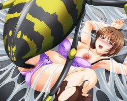 Rule 34 | 1girl, animated, animated gif, bestiality, breasts, brown hair, bug, censored, clothing aside, jk hazard, monster, mosaic censoring, nao takami, nipples, open mouth, ovipositor, panties, panties aside, rape, red eyes, silk, spider, spider web, tears, underwear, vaginal