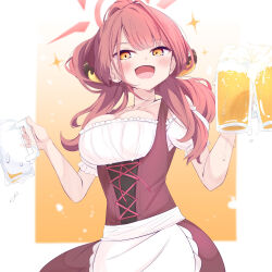 Rule 34 | 1girl, :d, absurdres, alcohol, alternate costume, apron, aru (blue archive), beer, beer mug, blue archive, blunt bangs, blush, breasts, cleavage, collarbone, commentary request, cup, demon girl, demon horns, detached sleeves, dirndl, dual wielding, german clothes, halo, highres, holding, holding cup, horns, large breasts, long hair, looking at viewer, mug, open mouth, pink hair, riku riku88, short sleeves, sidelocks, simple background, smile, solo, yellow eyes