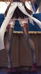 Rule 34 | 1girl, absurdres, black skirt, boots, desk, diablo010059, frilled skirt, frills, from behind, high heel boots, high heels, highres, japanese clothes, kantai collection, kongou (kancolle), lower body, skirt, solo, standing, thigh boots, wooden floor