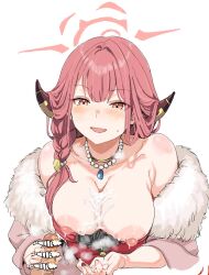 Rule 34 | 1girl, aru (blue archive), bare shoulders, blue archive, blush, breasts, censored, clearite, collarbone, cum, cum on body, cum on breasts, cum on upper body, halo, horns, jacket, jewelry, medium breasts, necklace, nipples, penis, red eyes, red hair, red halo, white background