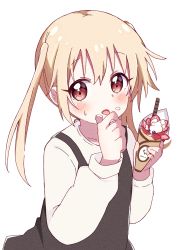 Rule 34 | 1girl, black dress, blush, commentary request, cream, cream on face, crepe, dress, food, food on face, fruit, hands up, highres, holding, holding food, licking, long hair, long sleeves, looking at viewer, mesushio, oomuro-ke, open mouth, red eyes, shirt, simple background, sleeveless, sleeveless dress, solo, standing, strawberry, sweatdrop, takasaki misaki (yuru yuri), tongue, tongue out, twintails, white background, white shirt, yuru yuri