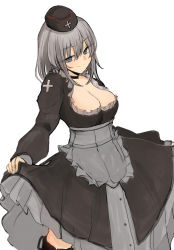 Rule 34 | 1girl, apron, black choker, black hat, blue eyes, breasts, choker, commentary, cross, dress, frilled apron, frilled dress, frills, garrison cap, girls und panzer, grey apron, half-closed eyes, hat, highres, insignia, itsumi erika, long sleeves, looking at viewer, medium breasts, medium dress, medium hair, necro (nekurodayo), open mouth, silver hair, simple background, skirt hold, smile, solo, standing, waist apron, white background