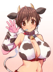 Rule 34 | 1girl, animal ears, armpits, bell, bikini, blush, breasts, brown hair, cleavage, cow ears, cow horns, cow tail, elbow gloves, fake animal ears, gloves, gradient background, headset, highres, horns, idolmaster, idolmaster cinderella girls, james (jms-pnt), large breasts, leather choker, looking at viewer, navel, neck bell, oikawa shizuku, pink gloves, print bikini, short hair, simple background, smile, solo, swimsuit, tail, upper body, waving