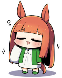 Rule 34 | 1girl, :3, alternate costume, animal ears, chibi, closed eyes, dress, drooling, green footwear, green shirt, highres, hime cut, holding, holding pillow, horse ears, horse girl, horse tail, long hair, long sleeves, mouth drool, open mouth, orange hair, pillow, plover, shirt, silence suzuka (umamusume), simple background, sleepy, slippers, solo, tail, umamusume, white background, white dress