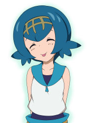 Rule 34 | 1girl, :p, ^ ^, arms behind back, bare shoulders, belt, blue hair, blue one-piece swimsuit, blue pants, blue sailor collar, blush, breasts, brown hairband, closed eyes, closed mouth, collarbone, commentary request, creatures (company), crop top, game freak, hairband, head tilt, highres, kiri (foxsnake), lana (pokemon), nintendo, one-piece swimsuit, outline, pants, pokemon, pokemon sm, sailor collar, shirt, short hair, simple background, sleeveless, sleeveless shirt, small breasts, solo, swimsuit, swimsuit under clothes, tongue, tongue out, trial captain, upper body, white background, white shirt