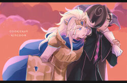 Rule 34 | 2boys, blonde hair, blue cape, blue gemstone, cape, circlet, closed mouth, collared shirt, cookie run, espresso cookie, eyelashes, film grain, from side, gem, hair between eyes, humanization, long hair, madeleine cookie, male focus, mamimumemo, multiple boys, personification, shirt, upper body