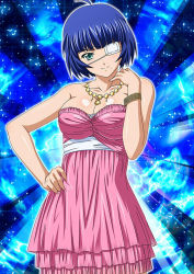 Rule 34 | 00s, 1girl, blue hair, breasts, cleavage, collarbone, dress, eyepatch, green eyes, hand on own hip, ikkitousen, large breasts, long hair, mole, mole under mouth, necktie, pink dress, ryomou shimei, shiny skin, short hair, smile, solo, strapless, strapless dress