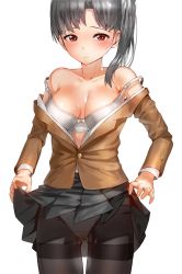 Rule 34 | 1girl, blush, bra, breasts, clothes lift, grey hair, kfr, large breasts, md5 mismatch, off shoulder, open clothes, original, panties, panties under pantyhose, pantyhose, red eyes, school uniform, skirt, skirt lift, solo, strap slip, sweat, thighband pantyhose, underwear