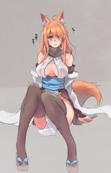 Rule 34 | 1girl, animal ears, breasts, fox ears, fox tail, japanese clothes, large breasts, obi, original, pelvic curtain, revealing clothes, sash, sawaya (mizukazu), scared, scarf, showgirl skirt, sitting, solo, tail, thighhighs, wide sleeves