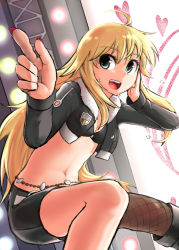Rule 34 | 1girl, ahoge, blonde hair, bra, cropped jacket, fingernails, foreshortening, green eyes, heart, highres, hoshii miki, idolmaster, idolmaster (classic), jacket, long fingernails, long hair, looking away, nail polish, navel, open clothes, open jacket, open mouth, pantyhose, smile, solo, sweat, underwear, very long hair, yuucho