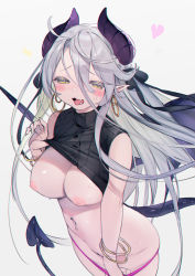Rule 34 | antenna hair, black shirt, blush, bracelet, breasts, bukurote, chromatic aberration, clothes lift, commentary request, cropped shirt, demon horns, demon tail, duplicate, earrings, grey hair, hair between eyes, hair ornament, hair ribbon, heart, highres, hoop earrings, horns, jewelry, lifting own clothes, long hair, looking at viewer, medium breasts, navel, navel piercing, nipples, original, panties, piercing, pink panties, pointy ears, pussy, ribbon, shirt, shirt lift, simple background, sleeveless, sleeveless turtleneck, solo, sweat, tail, tongue, tongue out, turtleneck, underwear, white background, yellow eyes