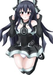 Rule 34 | 1girl, bare shoulders, black hair, breasts, collar, dress, gloves, highres, jumping, leggings, long hair, matrixjudge, neptune (series), open mouth, panties, pants, red eyes, shoes, small breasts, surprised, thighhighs, thighs, tsundere, twintails, two side up, underwear, uni (neptunia)