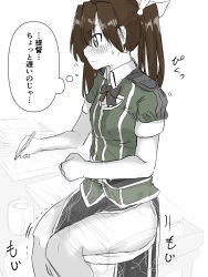 Rule 34 | 1girl, blush, bow, bowtie, breasts, brown hair, clenched hand, closed mouth, collared shirt, cup, desk, embarrassed, female focus, from side, gekiteki na beefsteak, green shirt, hair ribbon, have to pee, highres, holding, holding pencil, japanese text, kantai collection, long hair, monochrome, mug, paper, pelvic curtain, pencil, profile, ribbon, sash, shirt, short sleeves, side slit, sidelocks, sideways mouth, simple background, sitting, skirt, small breasts, solo, spot color, sweat, text focus, thighs, thought bubble, tone (kancolle), translation request, trembling, twintails, wavy mouth, white background, white ribbon, x-ray