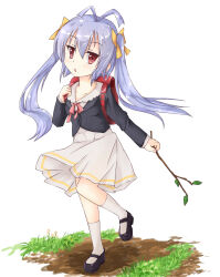 Rule 34 | 1girl, branch, female focus, full body, highres, looking at viewer, miyauchi renge, non non biyori, outdoors, simple background, skirt, solo, standing, twintails, white skirt
